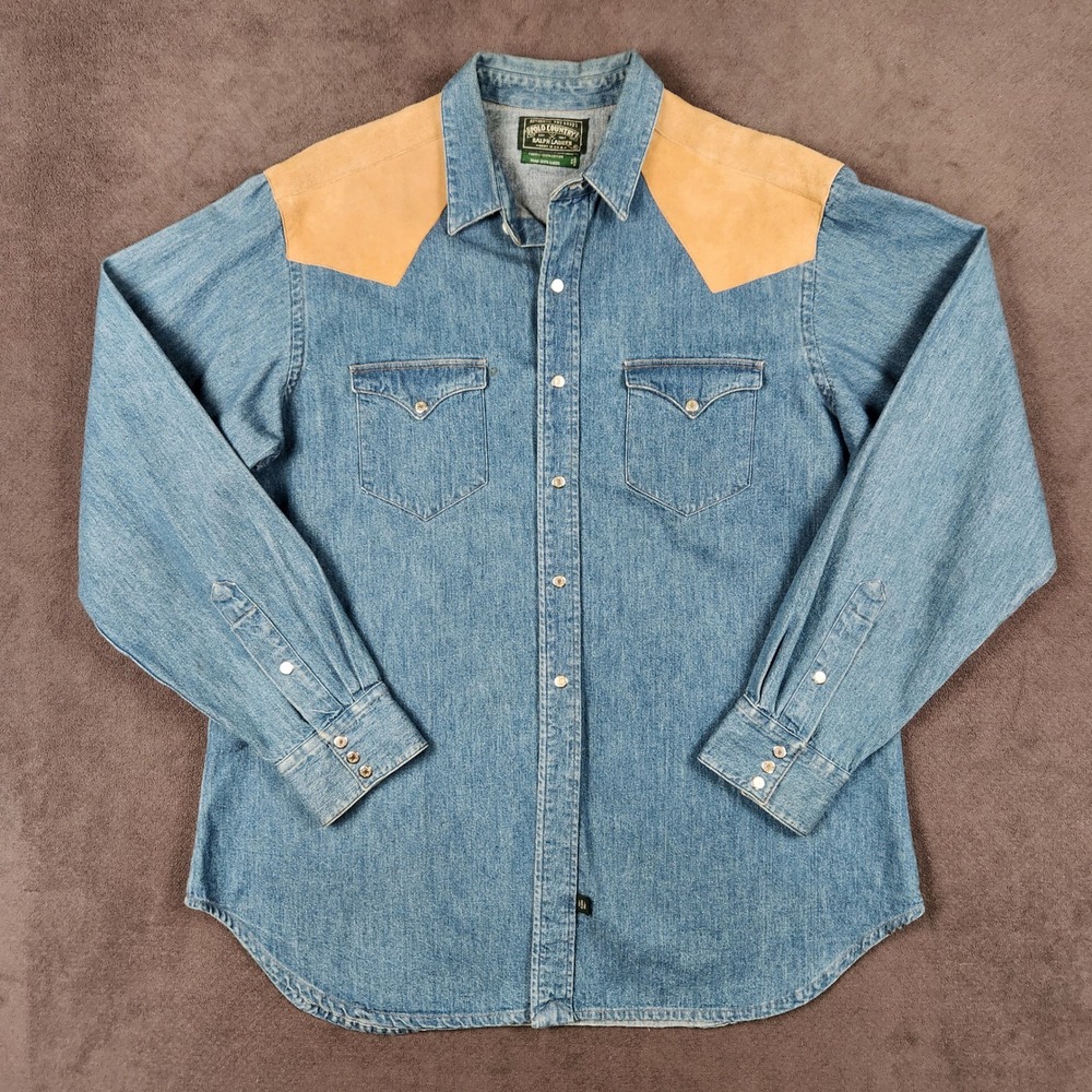 Vintage Polo Country Ralph Lauren Western Shirt Men XL Blue Suede Trim Denim USA
